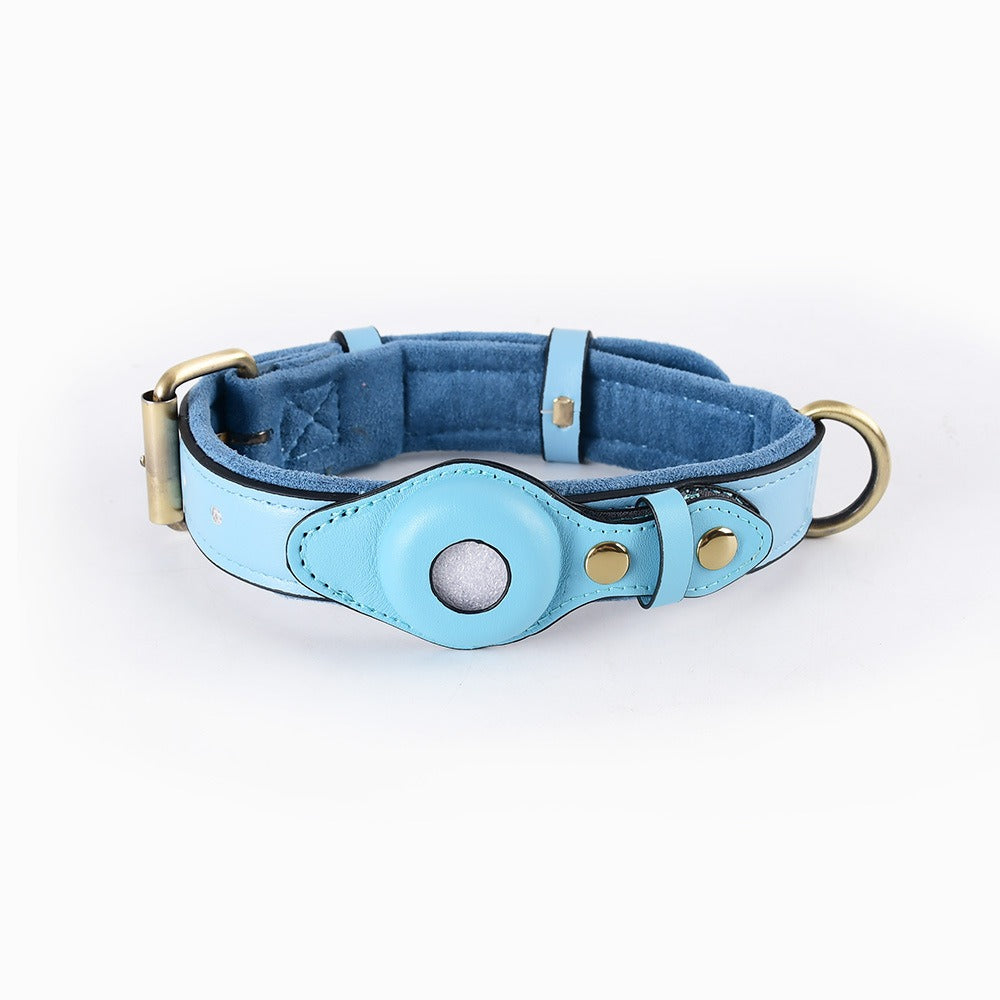 Blue leather dog collar with integrated AirTag holder