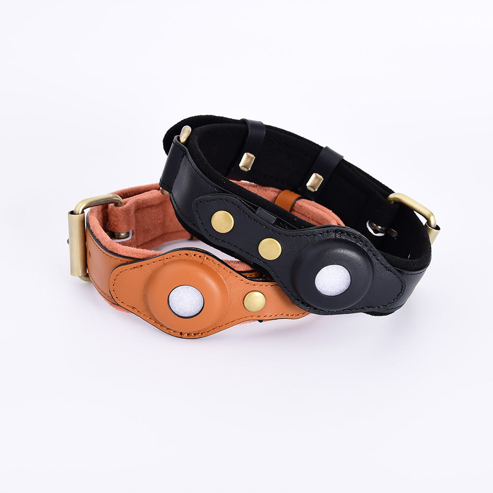 Brown leather dog collar with integrated AirTag holder and metal buckle