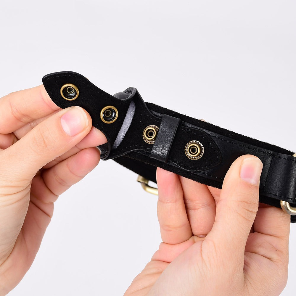 Close-up of black leather dog collar with built-in AirTag compartment