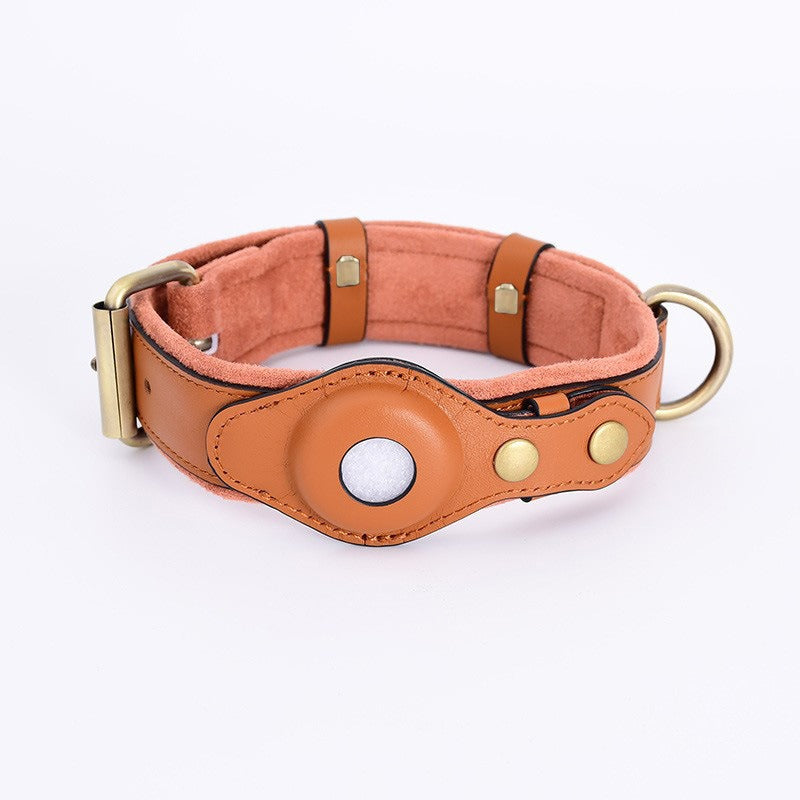 Brown leather AirTag dog collar with secure metal hardware