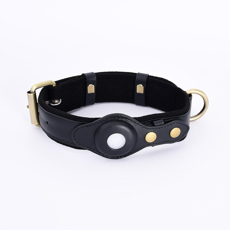 Black leather AirTag dog collar side view with secure buckle