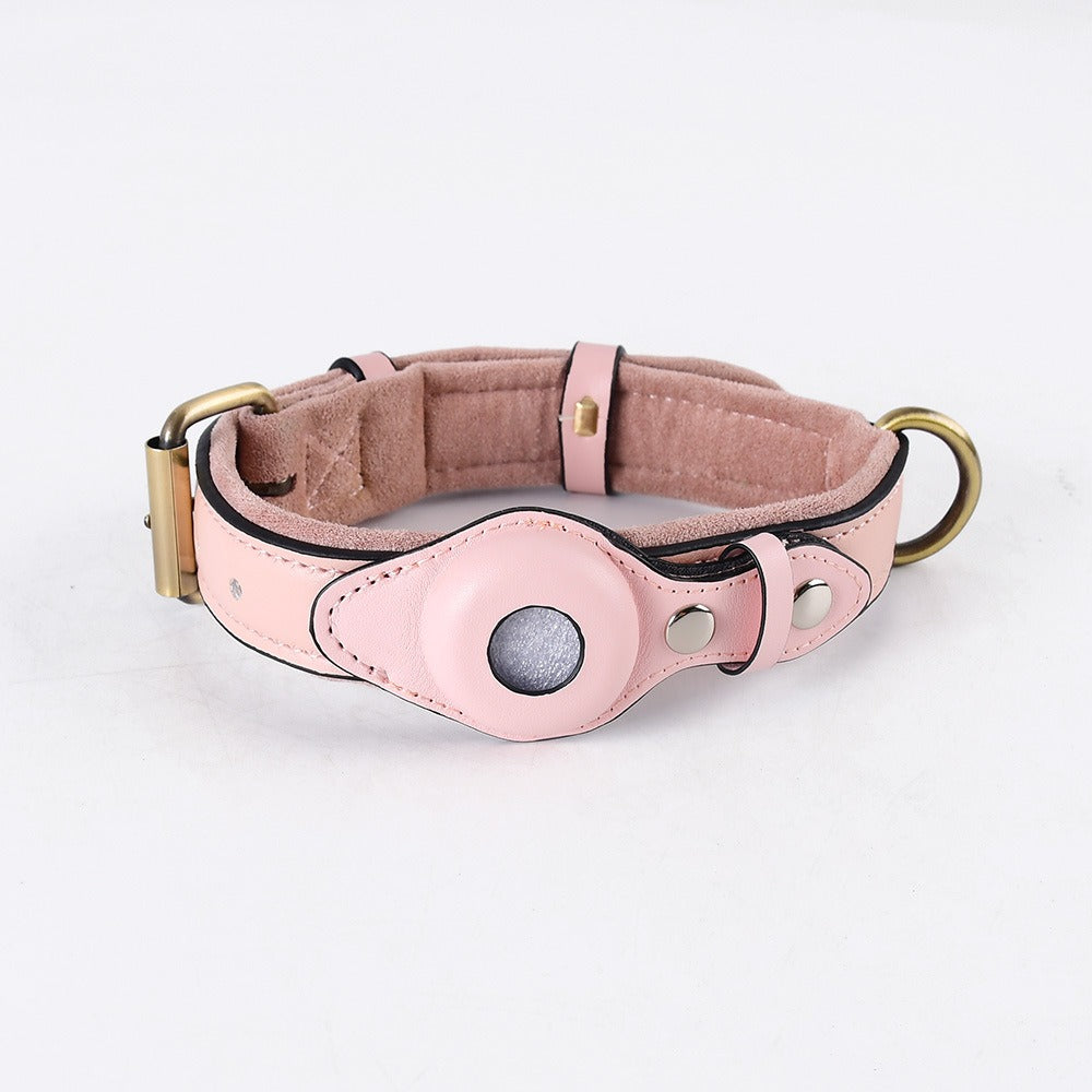 Pink leather dog collar with integrated AirTag holder and metal buckle