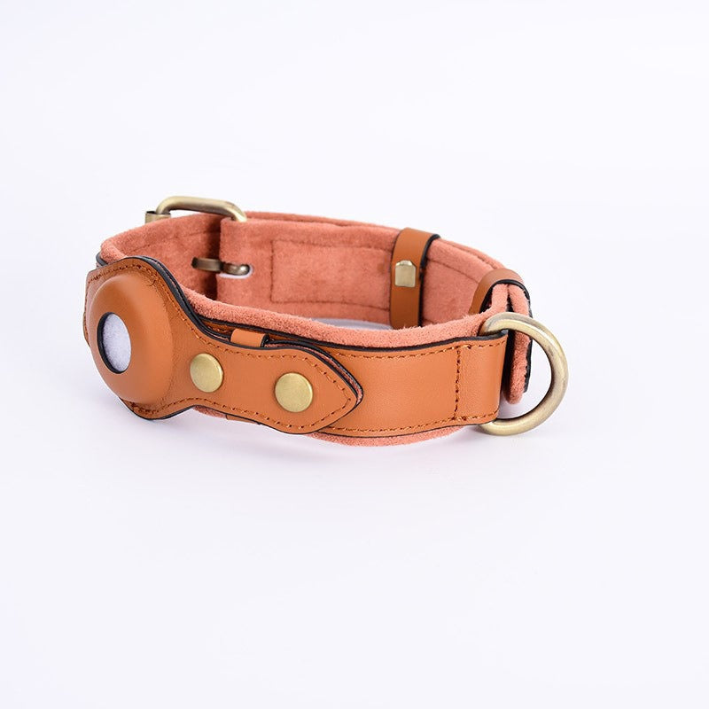 Premium brown leather dog collar with AirTag holder and reinforced stitching