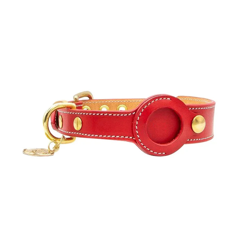 Red leather dog collar with built-in AirTag compartment and metal buckle