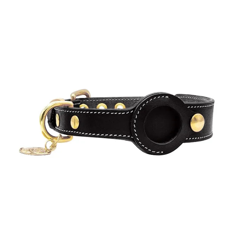Black leather dog collar with integrated AirTag holder and gold hardware