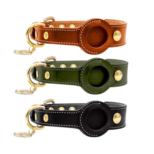 Red leather dog collar with built-in AirTag holder worn by dog