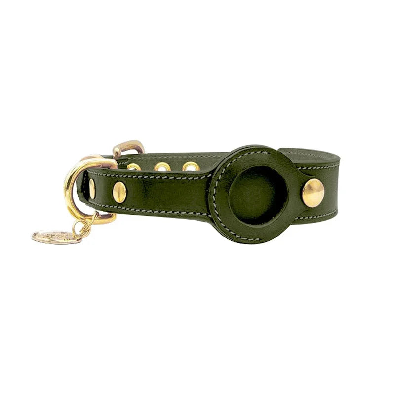 Dark green leather dog collar with built-in AirTag holder