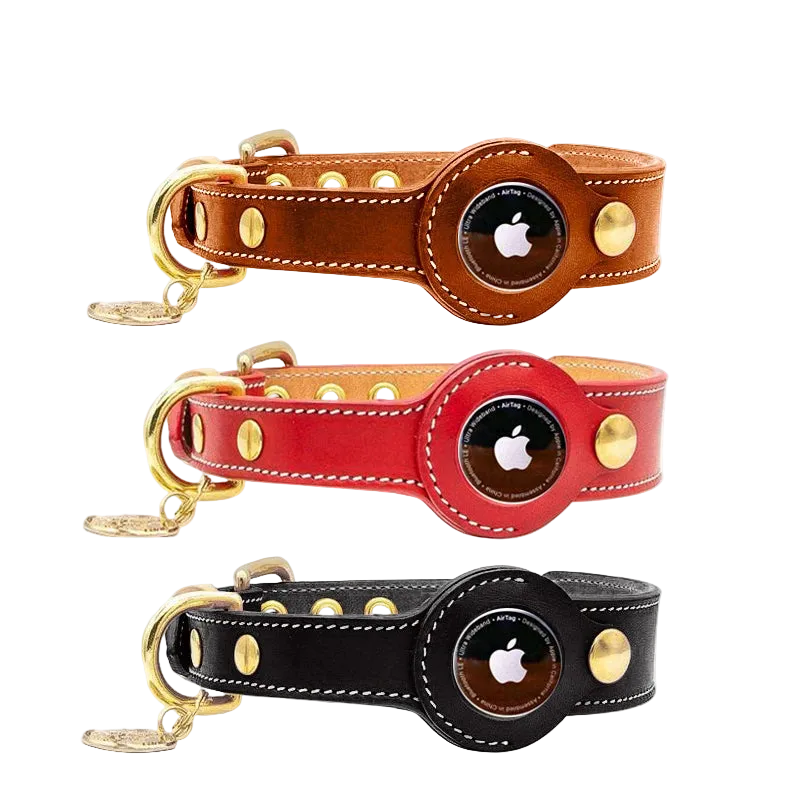 Leather AirTag dog collars in brown, green and black with metal buckles