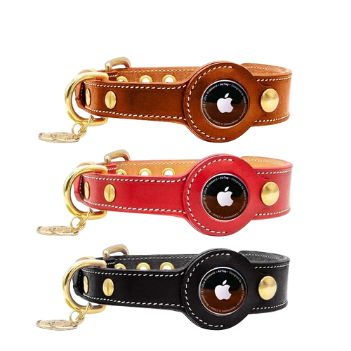 Leather AirTag dog collars in brown, green and black with metal buckles