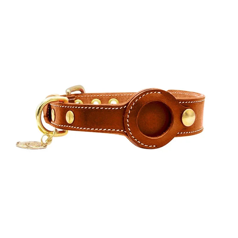 Brown leather AirTag dog collar with secure buckle and reinforced stitching