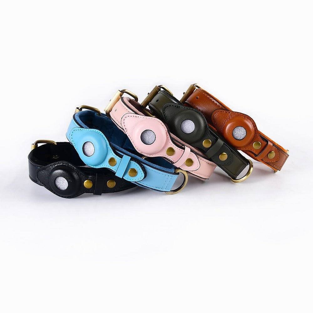 Premium leather dog collars with integrated AirTag holder in multiple colors