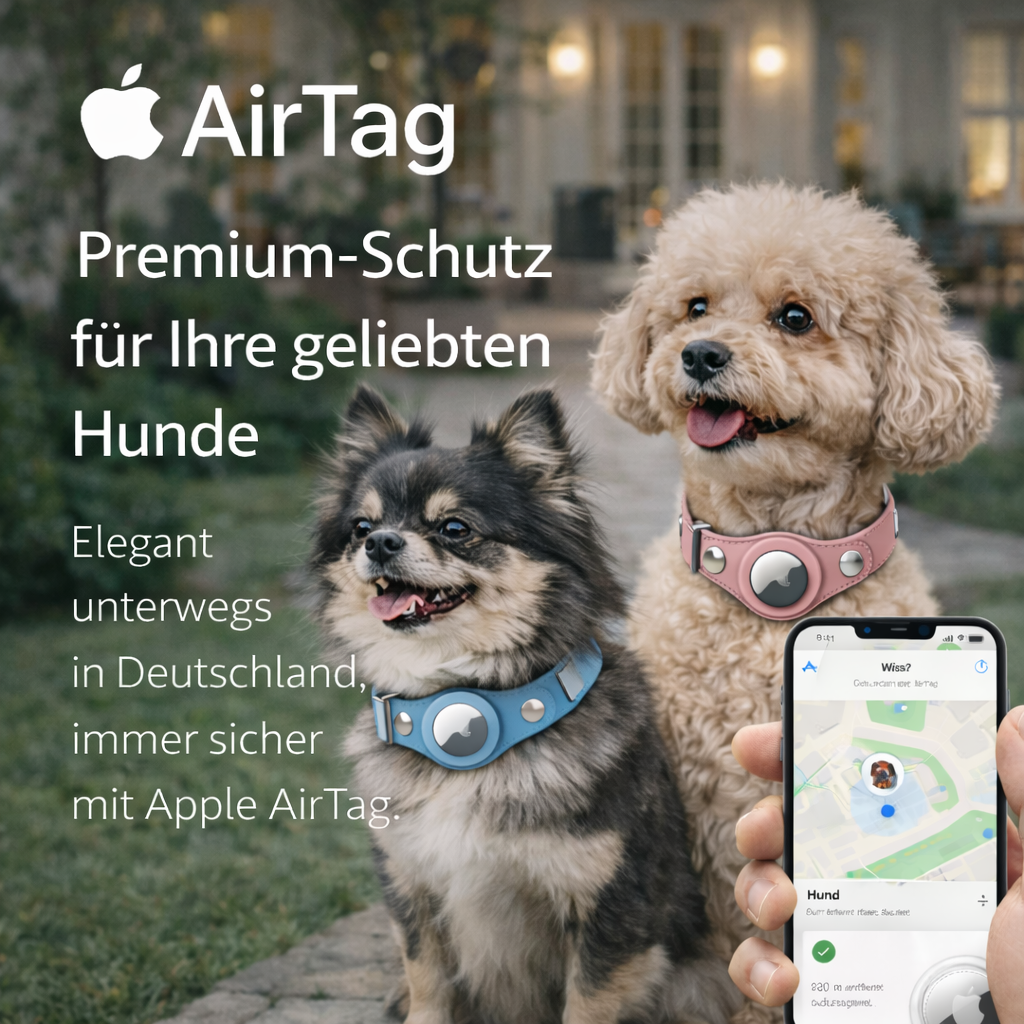 Leather AirTag dog collar shown with Apple AirTag tracking example on smartphone